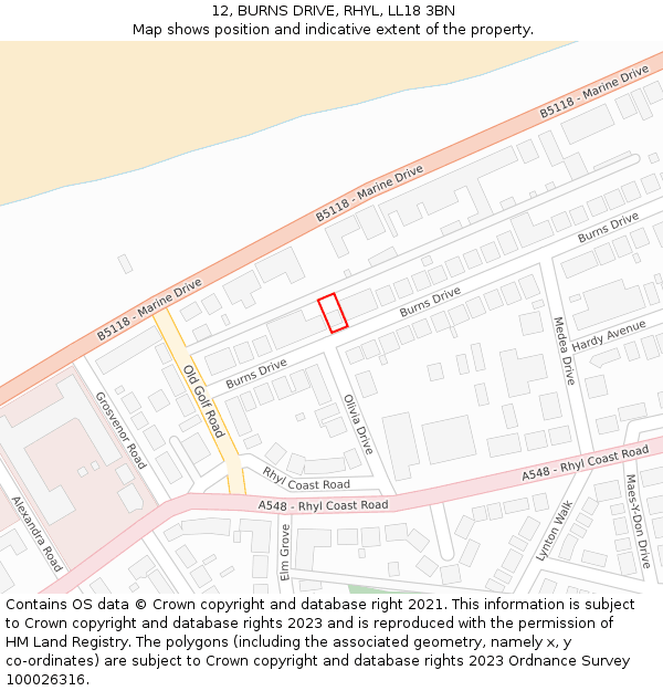 12, BURNS DRIVE, RHYL, LL18 3BN: Location map and indicative extent of plot