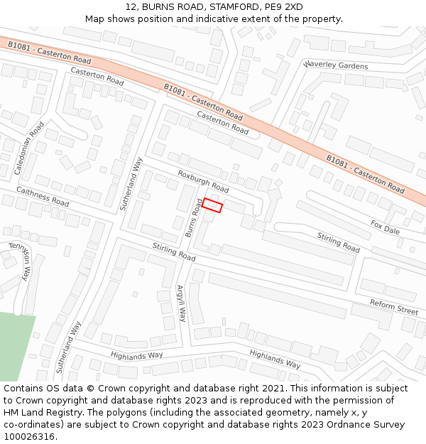 12, BURNS ROAD, STAMFORD, PE9 2XD: Location map and indicative extent of plot