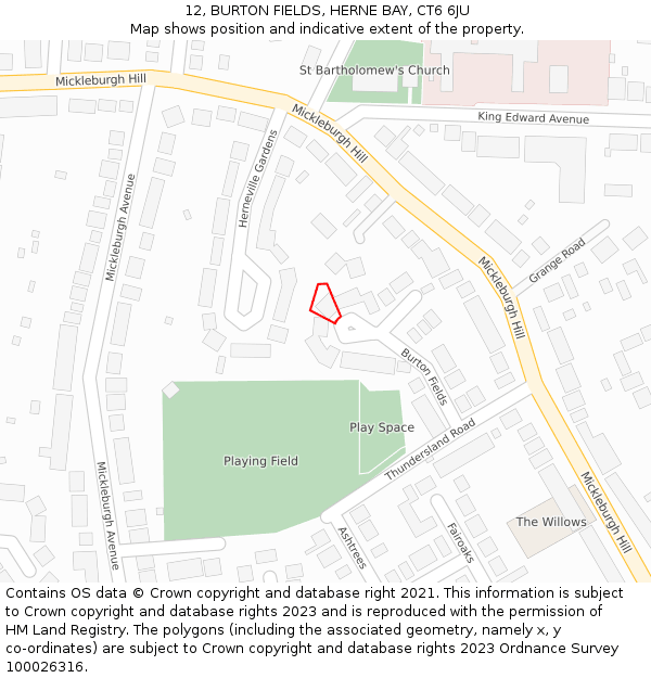 12, BURTON FIELDS, HERNE BAY, CT6 6JU: Location map and indicative extent of plot