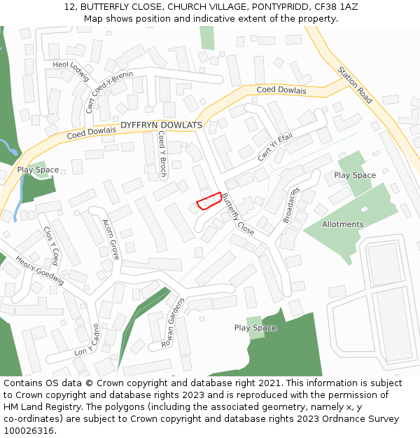 12, BUTTERFLY CLOSE, CHURCH VILLAGE, PONTYPRIDD, CF38 1AZ: Location map and indicative extent of plot