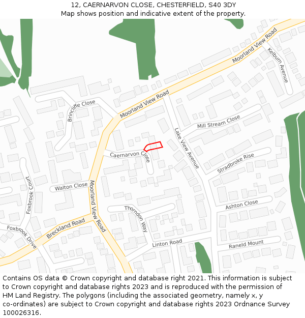 12, CAERNARVON CLOSE, CHESTERFIELD, S40 3DY: Location map and indicative extent of plot