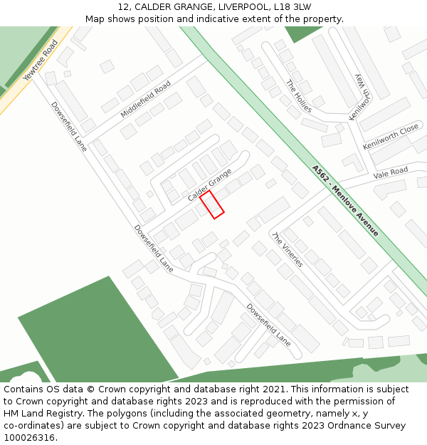 12, CALDER GRANGE, LIVERPOOL, L18 3LW: Location map and indicative extent of plot