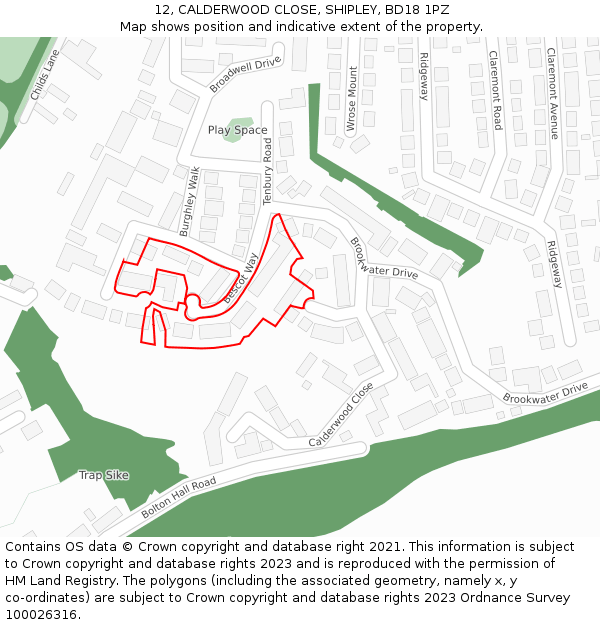 12, CALDERWOOD CLOSE, SHIPLEY, BD18 1PZ: Location map and indicative extent of plot