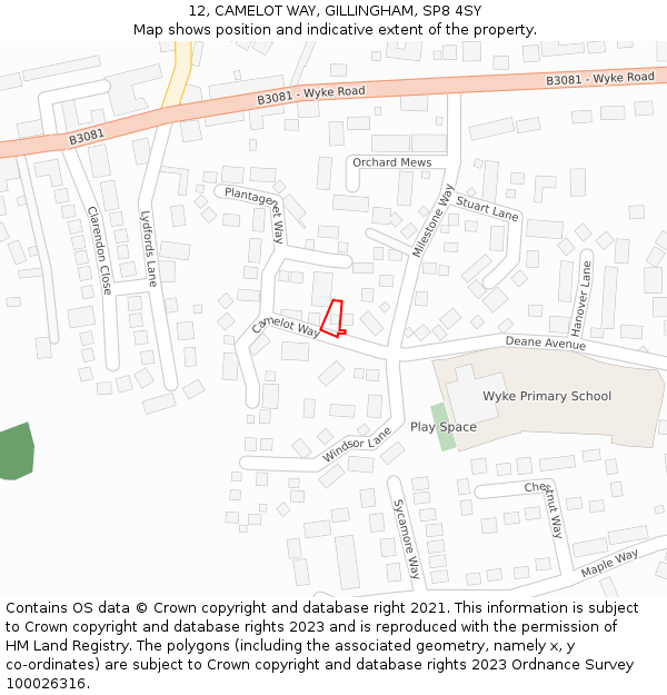 12, CAMELOT WAY, GILLINGHAM, SP8 4SY: Location map and indicative extent of plot