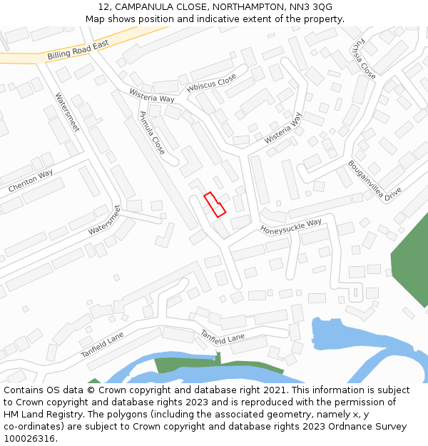 12, CAMPANULA CLOSE, NORTHAMPTON, NN3 3QG: Location map and indicative extent of plot
