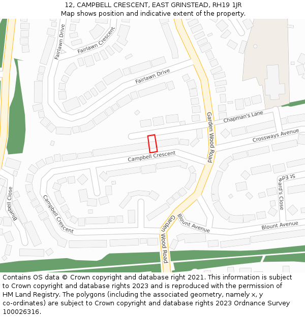 12, CAMPBELL CRESCENT, EAST GRINSTEAD, RH19 1JR: Location map and indicative extent of plot