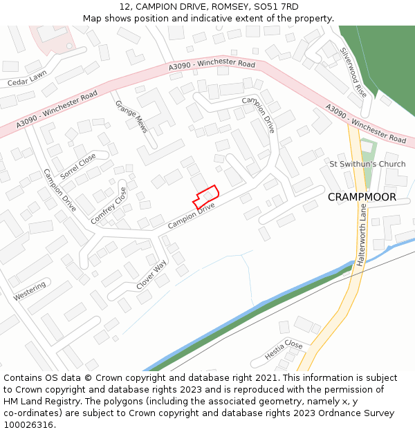 12, CAMPION DRIVE, ROMSEY, SO51 7RD: Location map and indicative extent of plot