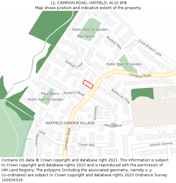 12, CAMPION ROAD, HATFIELD, AL10 9FB: Location map and indicative extent of plot