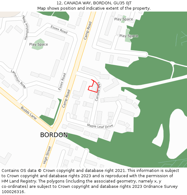 12, CANADA WAY, BORDON, GU35 0JT: Location map and indicative extent of plot