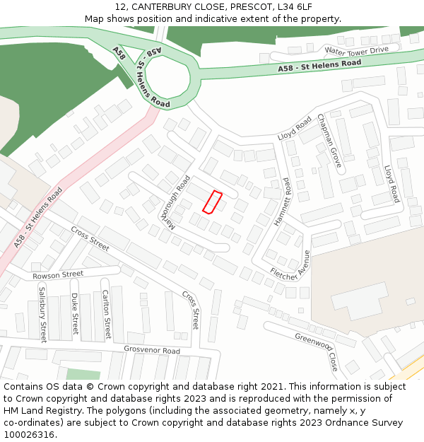 12, CANTERBURY CLOSE, PRESCOT, L34 6LF: Location map and indicative extent of plot