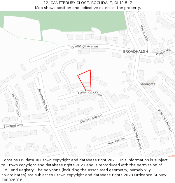 12, CANTERBURY CLOSE, ROCHDALE, OL11 5LZ: Location map and indicative extent of plot