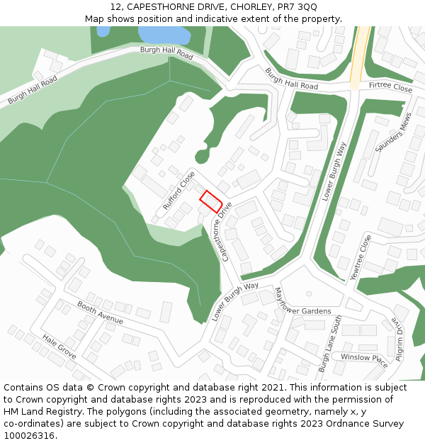 12, CAPESTHORNE DRIVE, CHORLEY, PR7 3QQ: Location map and indicative extent of plot