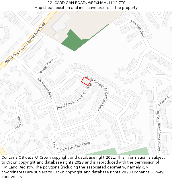 12, CARDIGAN ROAD, WREXHAM, LL12 7TS: Location map and indicative extent of plot