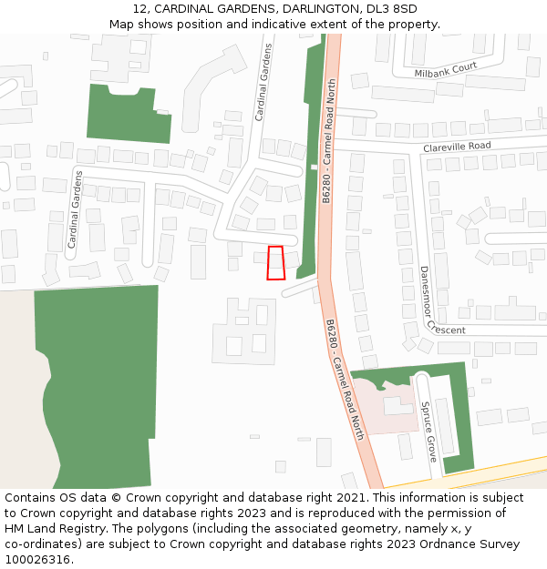 12, CARDINAL GARDENS, DARLINGTON, DL3 8SD: Location map and indicative extent of plot