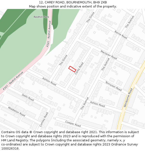 12, CAREY ROAD, BOURNEMOUTH, BH9 2XB: Location map and indicative extent of plot