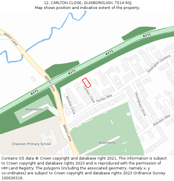 12, CARLTON CLOSE, GUISBOROUGH, TS14 6GJ: Location map and indicative extent of plot