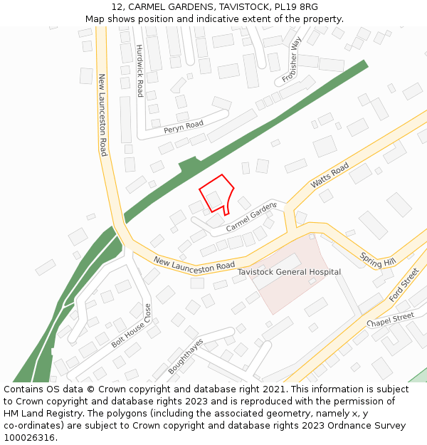 12, CARMEL GARDENS, TAVISTOCK, PL19 8RG: Location map and indicative extent of plot