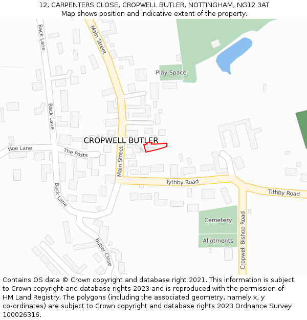 12, CARPENTERS CLOSE, CROPWELL BUTLER, NOTTINGHAM, NG12 3AT: Location map and indicative extent of plot
