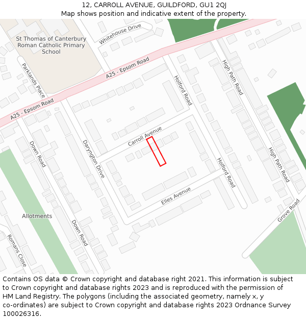 12, CARROLL AVENUE, GUILDFORD, GU1 2QJ: Location map and indicative extent of plot