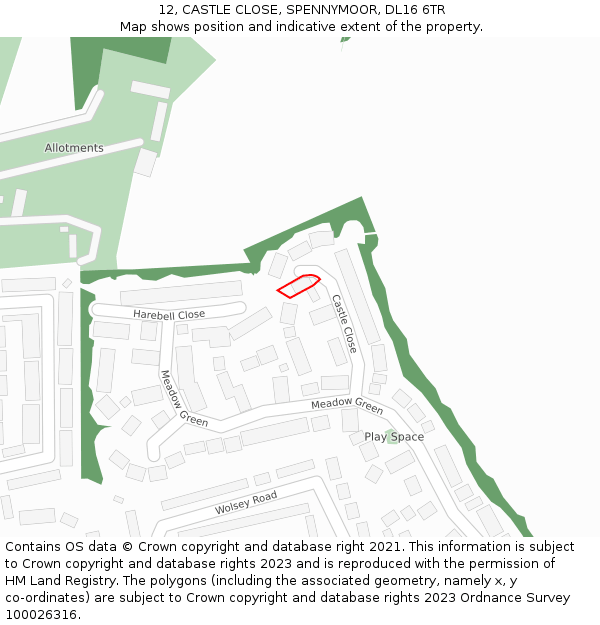 12, CASTLE CLOSE, SPENNYMOOR, DL16 6TR: Location map and indicative extent of plot