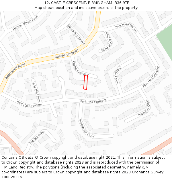 12, CASTLE CRESCENT, BIRMINGHAM, B36 9TF: Location map and indicative extent of plot