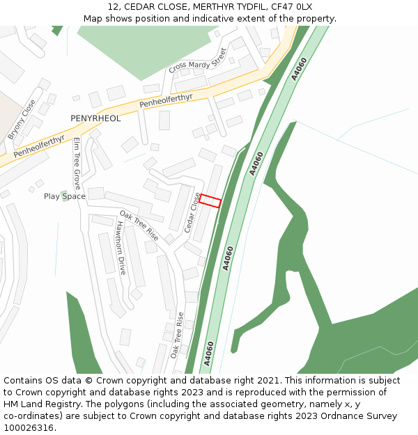 12, CEDAR CLOSE, MERTHYR TYDFIL, CF47 0LX: Location map and indicative extent of plot