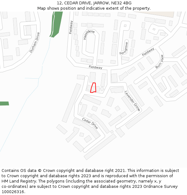 12, CEDAR DRIVE, JARROW, NE32 4BG: Location map and indicative extent of plot