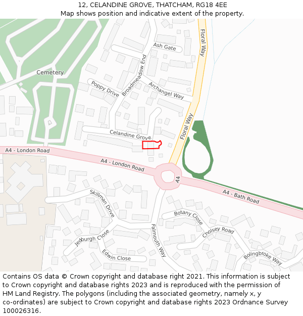 12, CELANDINE GROVE, THATCHAM, RG18 4EE: Location map and indicative extent of plot