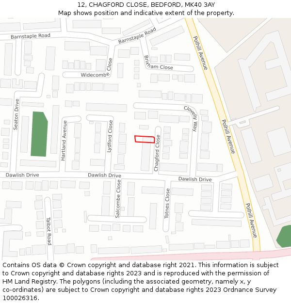 12, CHAGFORD CLOSE, BEDFORD, MK40 3AY: Location map and indicative extent of plot