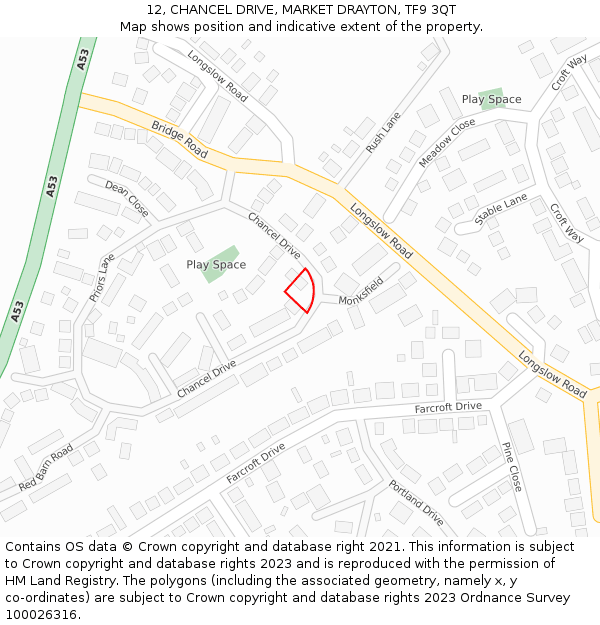 12, CHANCEL DRIVE, MARKET DRAYTON, TF9 3QT: Location map and indicative extent of plot