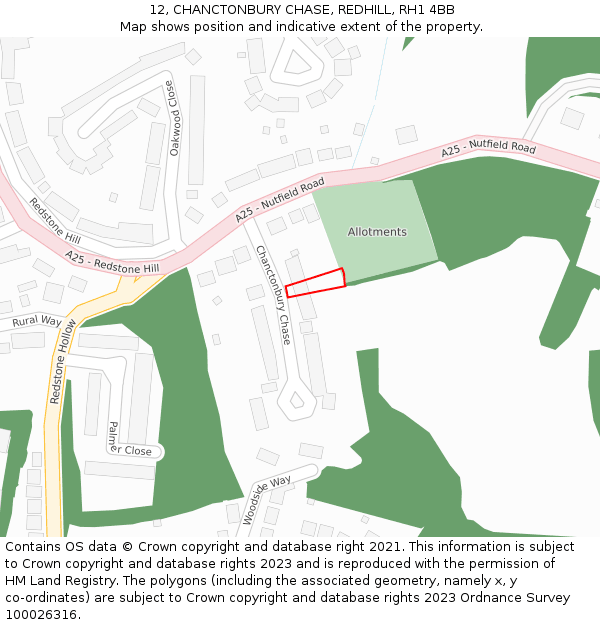12, CHANCTONBURY CHASE, REDHILL, RH1 4BB: Location map and indicative extent of plot
