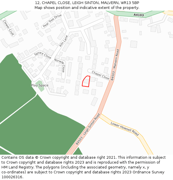 12, CHAPEL CLOSE, LEIGH SINTON, MALVERN, WR13 5BP: Location map and indicative extent of plot