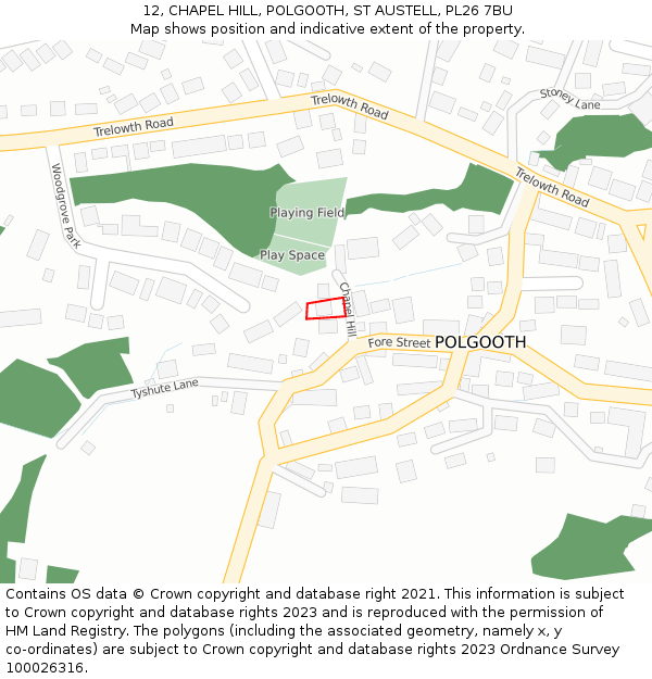 12, CHAPEL HILL, POLGOOTH, ST AUSTELL, PL26 7BU: Location map and indicative extent of plot
