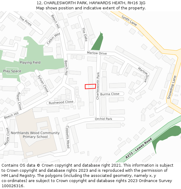 12, CHARLESWORTH PARK, HAYWARDS HEATH, RH16 3JG: Location map and indicative extent of plot