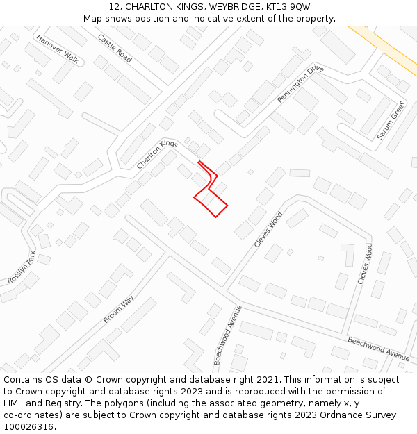 12, CHARLTON KINGS, WEYBRIDGE, KT13 9QW: Location map and indicative extent of plot
