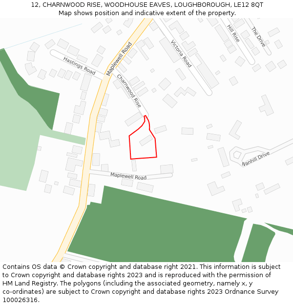 12, CHARNWOOD RISE, WOODHOUSE EAVES, LOUGHBOROUGH, LE12 8QT: Location map and indicative extent of plot