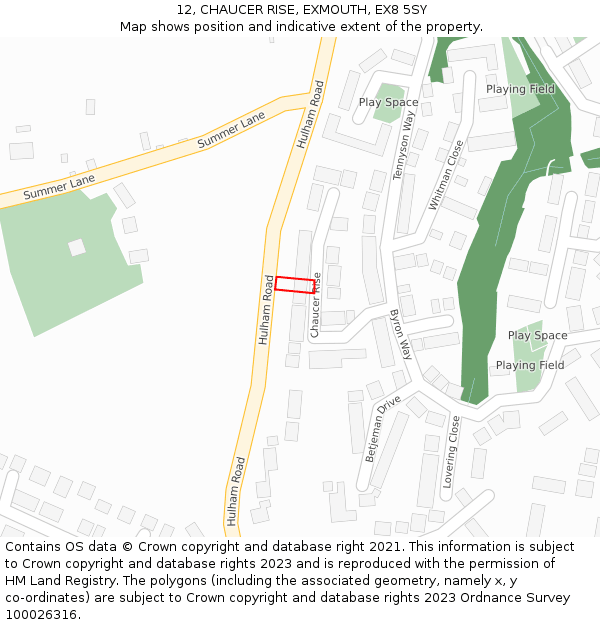 12, CHAUCER RISE, EXMOUTH, EX8 5SY: Location map and indicative extent of plot