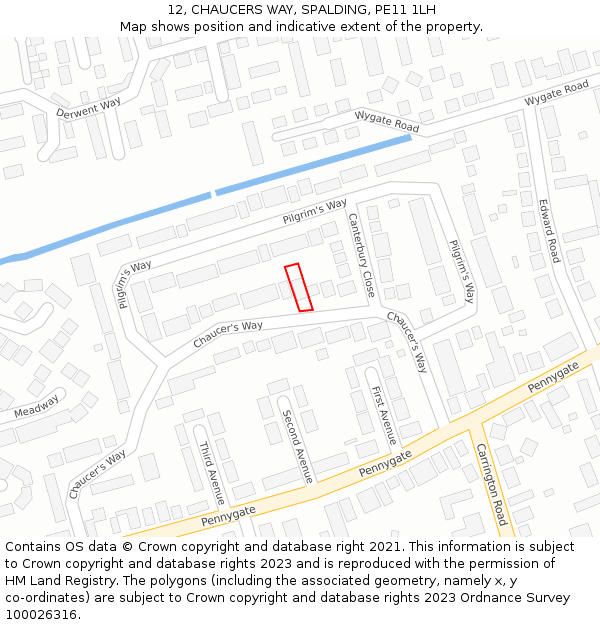 12, CHAUCERS WAY, SPALDING, PE11 1LH: Location map and indicative extent of plot