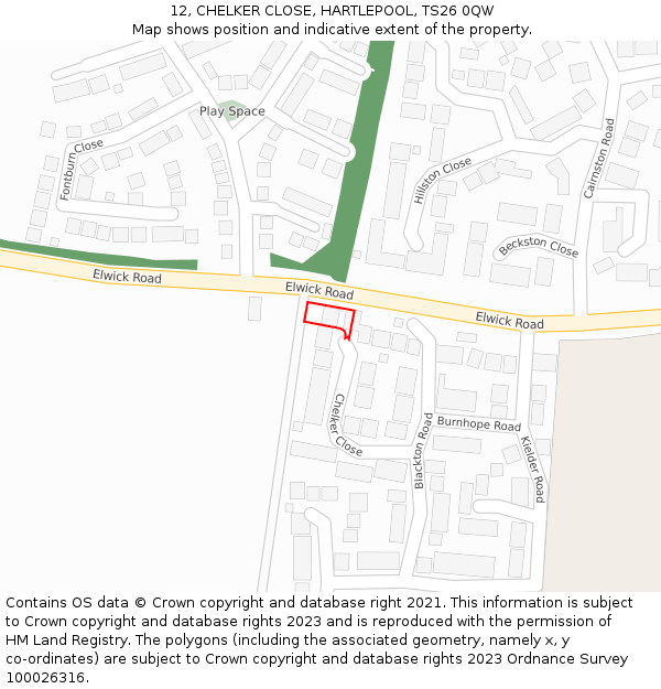 12, CHELKER CLOSE, HARTLEPOOL, TS26 0QW: Location map and indicative extent of plot