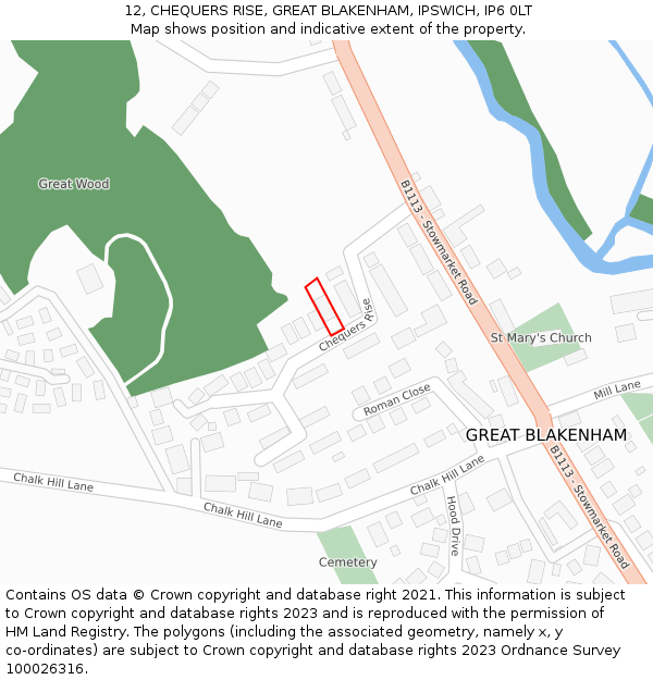 12, CHEQUERS RISE, GREAT BLAKENHAM, IPSWICH, IP6 0LT: Location map and indicative extent of plot