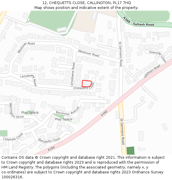 12, CHEQUETTS CLOSE, CALLINGTON, PL17 7HQ: Location map and indicative extent of plot