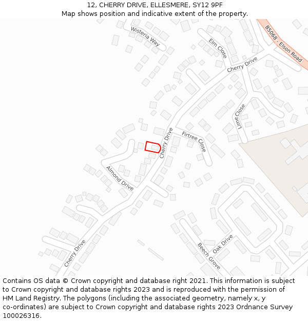 12, CHERRY DRIVE, ELLESMERE, SY12 9PF: Location map and indicative extent of plot