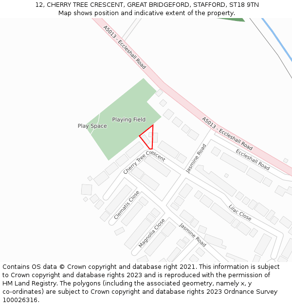 12, CHERRY TREE CRESCENT, GREAT BRIDGEFORD, STAFFORD, ST18 9TN: Location map and indicative extent of plot