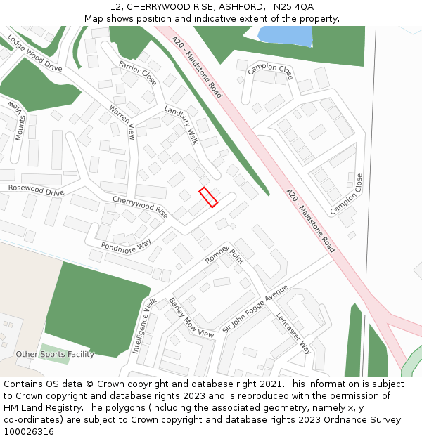 12, CHERRYWOOD RISE, ASHFORD, TN25 4QA: Location map and indicative extent of plot