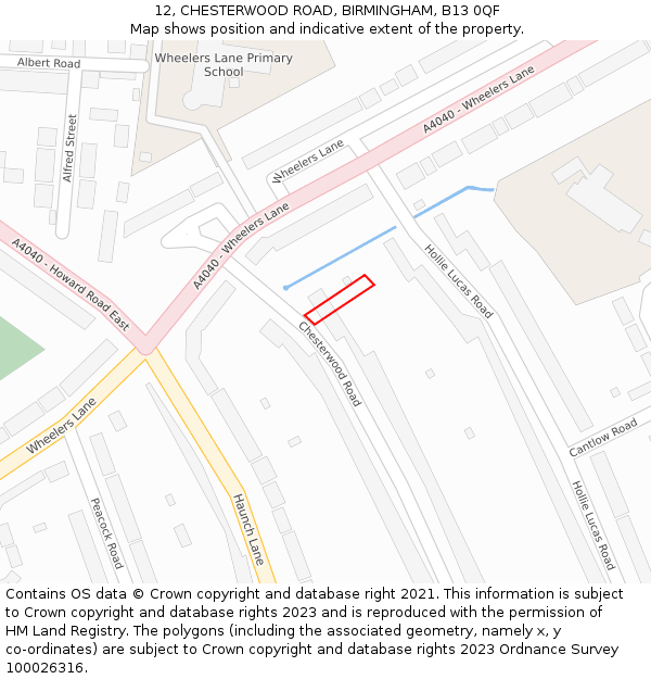 12, CHESTERWOOD ROAD, BIRMINGHAM, B13 0QF: Location map and indicative extent of plot