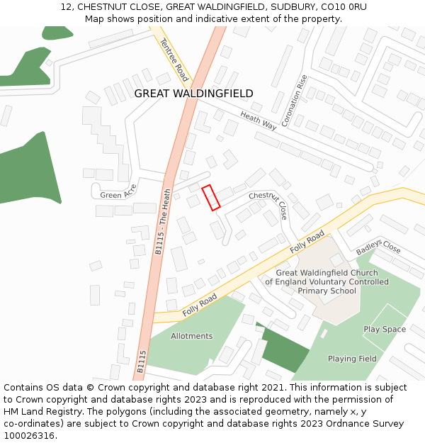 12, CHESTNUT CLOSE, GREAT WALDINGFIELD, SUDBURY, CO10 0RU: Location map and indicative extent of plot