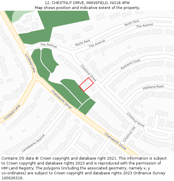 12, CHESTNUT DRIVE, MANSFIELD, NG18 4PW: Location map and indicative extent of plot