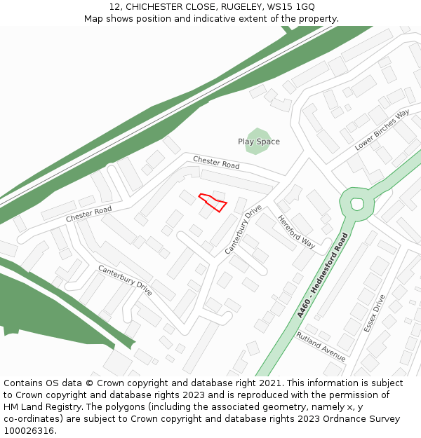 12, CHICHESTER CLOSE, RUGELEY, WS15 1GQ: Location map and indicative extent of plot