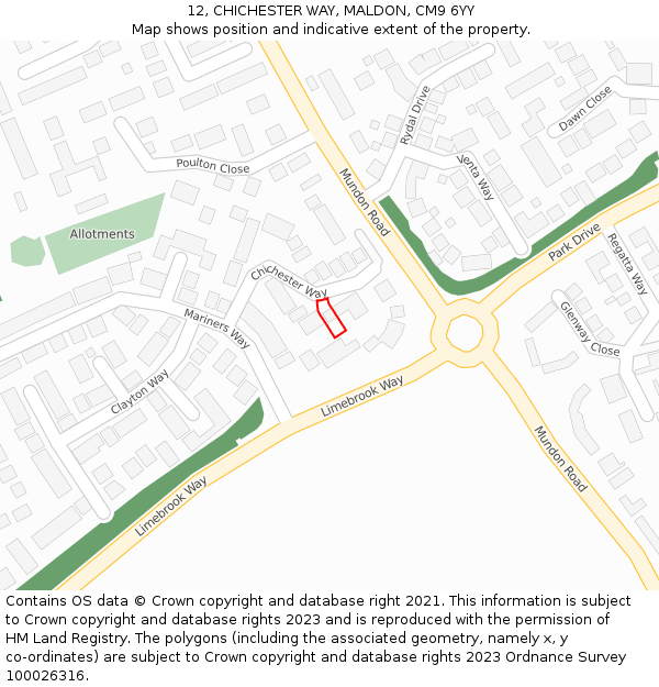 12, CHICHESTER WAY, MALDON, CM9 6YY: Location map and indicative extent of plot