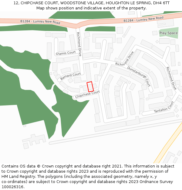 12, CHIPCHASE COURT, WOODSTONE VILLAGE, HOUGHTON LE SPRING, DH4 6TT: Location map and indicative extent of plot